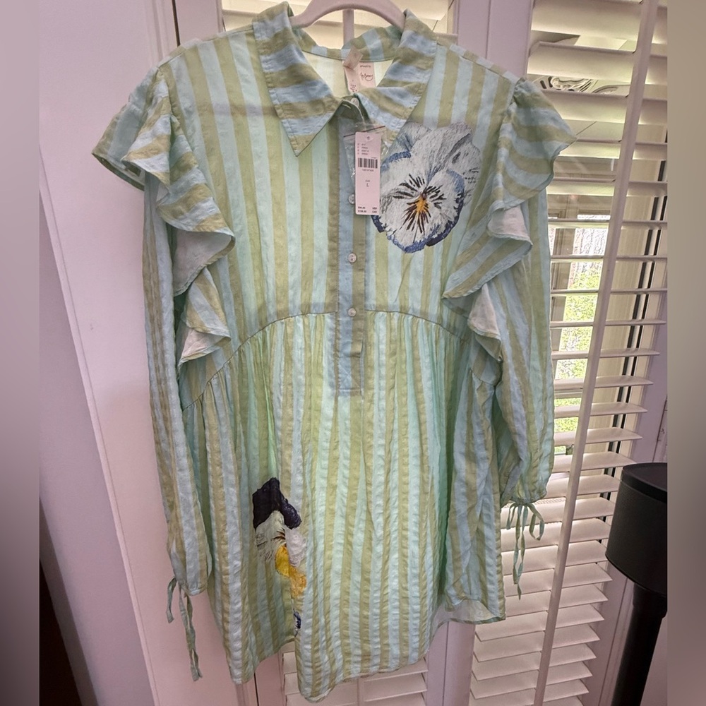 Anthro Tunic Dress NWT Size L LyreBird Green Stripe Floral Ruffle Sleeve Boho